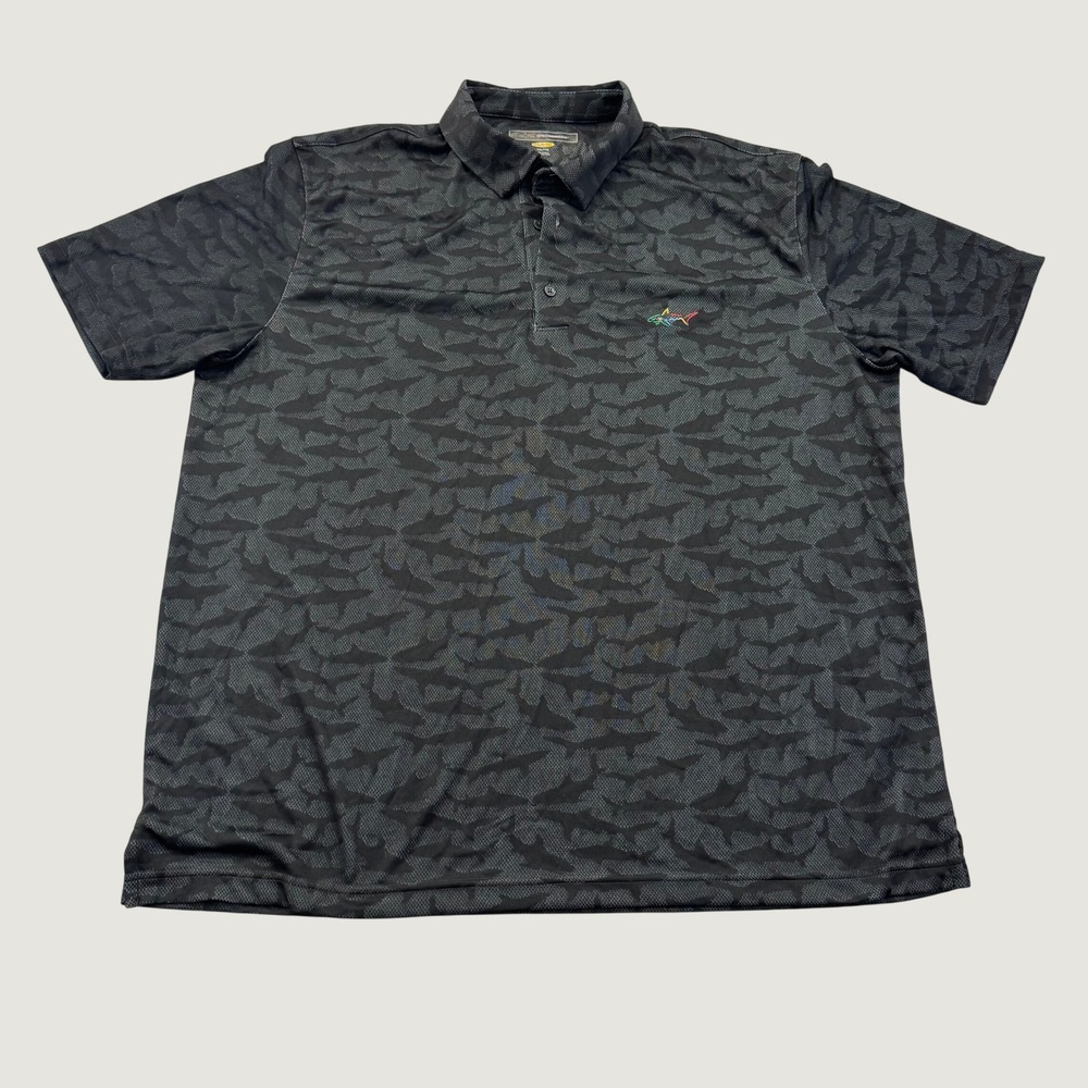 Greg Norman Play Dry Polo Shirt Mens XXL Black Gray Shark Print Short Sleeve